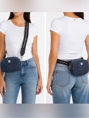 Joseph Ribkoff Denim Crossbody Purse w/ Logo Belt Strap Small Dainty fanny pack